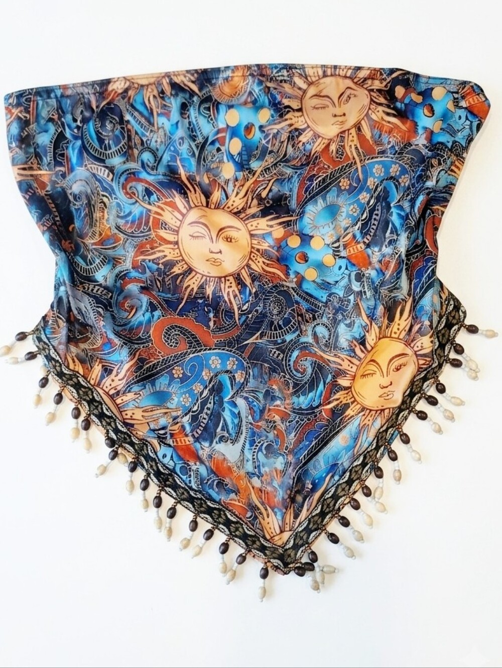 Vintage Style Celestial Sun Print Beaded Hem Tube Top